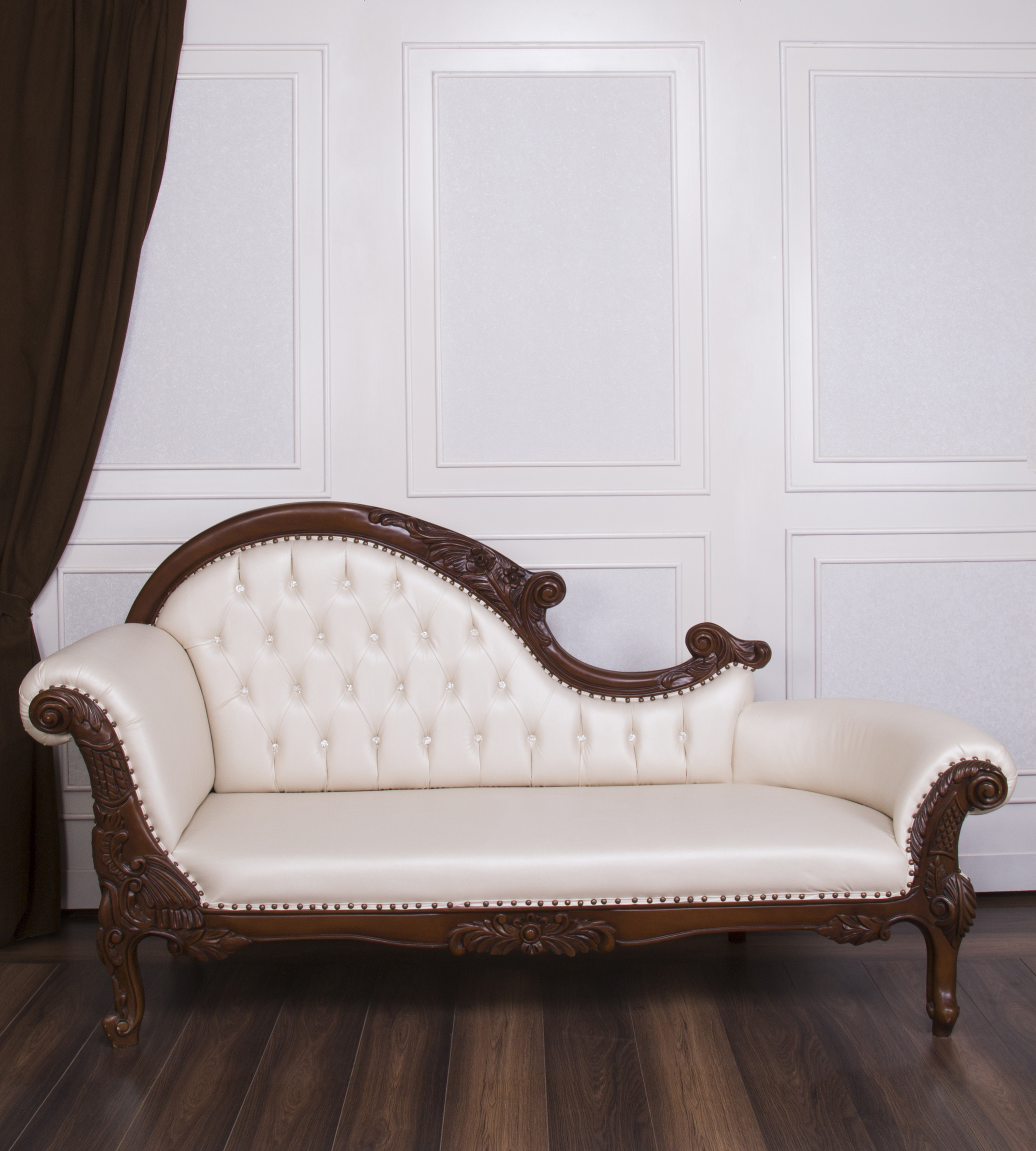 Dark Wood & Champagne Leather Nefertiti Chaise Lounge